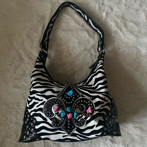Hobo Shoulder Bag Zebra Print with Patent Black, Rhinestones, Turquoise & Pink - Picture 1 of 16